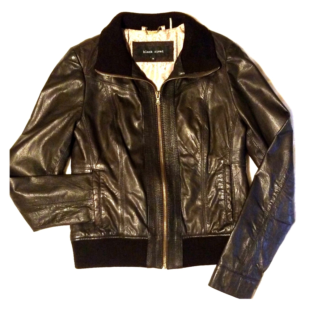 Black Rivet leather bomber jacket